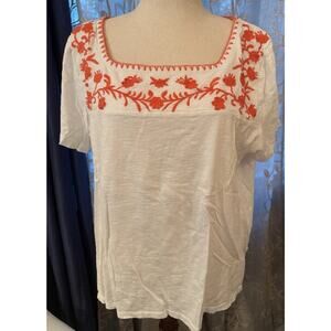 Talbots Square Neck Shirt Top Embroidered White Orange Short Sleeve tee, 2X